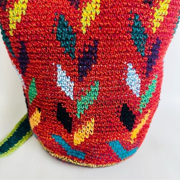 Shoulder Bucket Bag Red Crocheted Design Hippie Boho Purse Aztec Crossbody - Picture 2 of 12